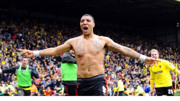 Watford's Troy Deeney celebrates scoring the winning goal during the npower Football League Championship match at Vicarage Road.