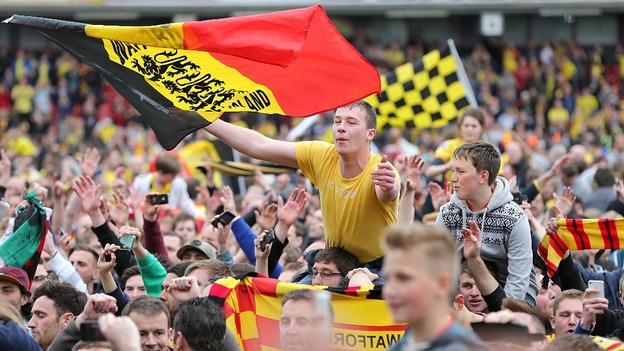 Watford fans celebrate on the pitch after the final whistle