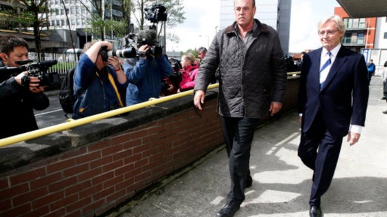 Coronation Street actor Bill Roach (right) leaves Preston Magistrates' Court 