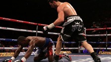 Carl Froch (right) knocks down Yusaf Mack during the IBF World Super Middleweight Title fight at the Capital FM Arena, Nottingham.