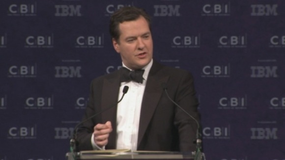 Chancellor George Osborne addressing business leaders at the CBI annual dinner.