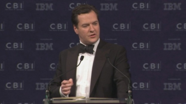 Chancellor George Osborne addressing business leaders at the CBI annual dinner.