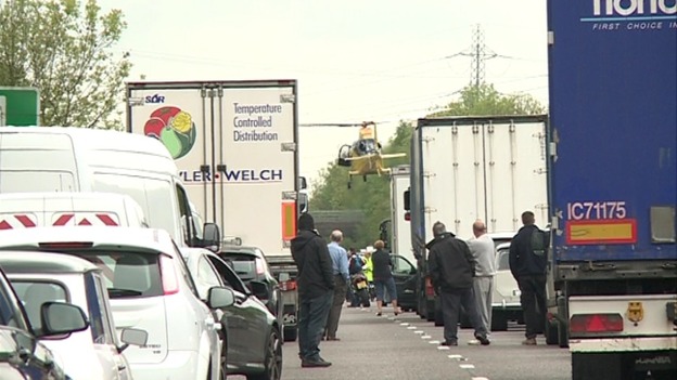 Air ambulance arrives at scene of accident on the A45