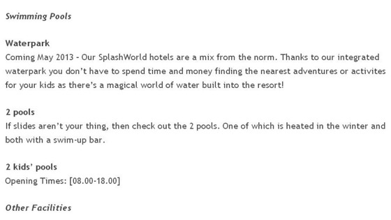 List of facilities on the resort's website