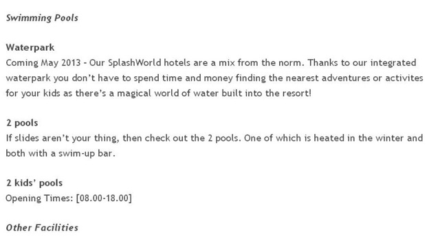 List of facilities on the resort's website