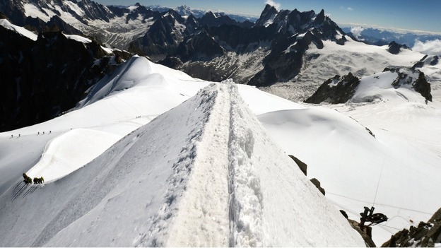 The Aiguille du Midi ridge pointing towards the Vallee Blanche is pictured near Mont-Blanc in Chamonix.