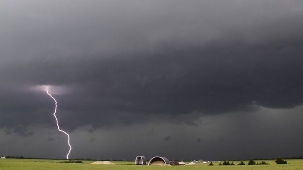 Lightning from a tornadic thunderstorm passing over Clearwater, Kansas