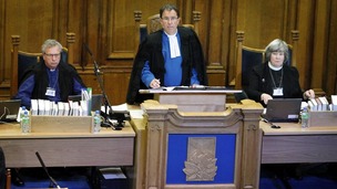 Right Reverend David Arnott (centre), Reverend John Chalmers (left), Reverend Janet Mathieson (right) during the debate today.