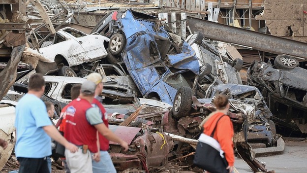 Cars piled after the tornado.