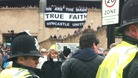 Police monitor the crowds outside St James' Park ahead of the Tyne Wear Derby