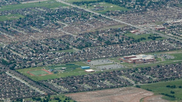 An aerial view showing the path of destruction through a neighbourhood in Moore.