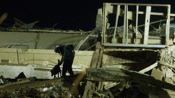 A search and rescue dog and its trainer work a pile of debris that was once Plaza Towers Elementary School.