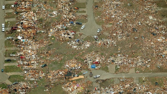 An aerial view of damage to neighbourhoods in Moore, Oklahoma.