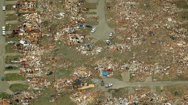 An aerial view of damage to neighbourhoods in Moore, Oklahoma.