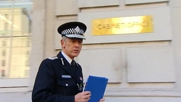 Metropolitan Police commissioner Sir Bernard Hogan-Howe arriving at yesterday's Cobra meeting.