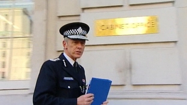 Metropolitan Police commissioner Sir Bernard Hogan-Howe arriving at yesterday's Cobra meeting.