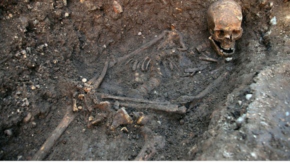 The remains of King Richard III, which were discovered under a city car park and were found in a hastily dug, untidy grave.