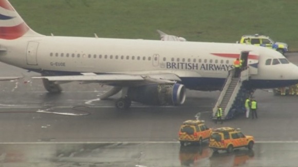 The BA plane pictured on Heathrow's northern runway after it landed and the passengers and crew were removed.