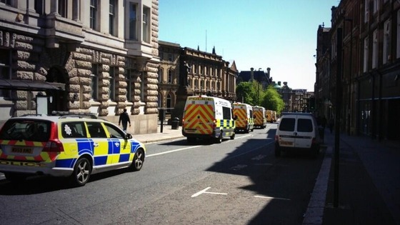 Police vans lined up in Newcastle