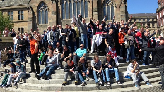 EDL supporters outside St Mary's Catholic Cathedral in Newcastle