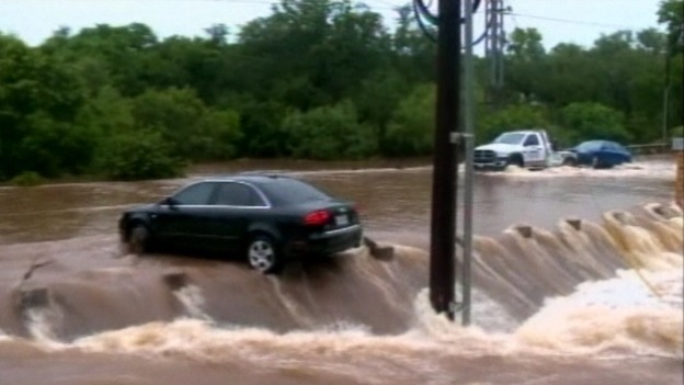 Cars stranded in the floodwater