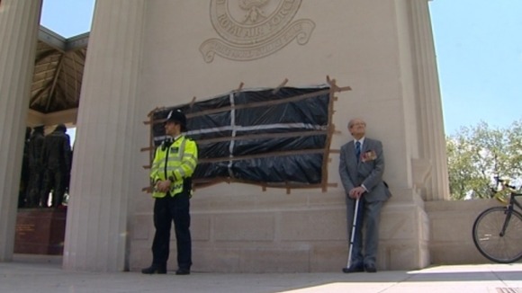 The spray paint has been covered at the Bomber Command monument