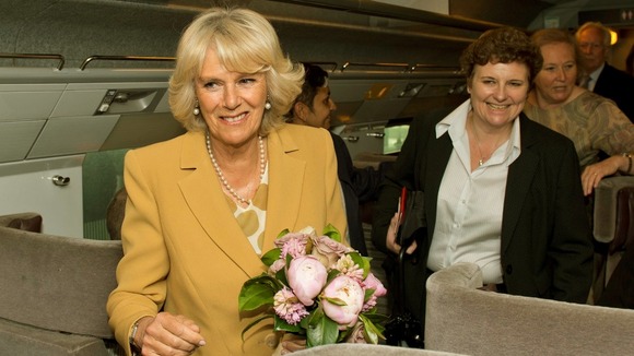 The Duchess of Cornwall boards the Eurostar train at St. Pancras station in London