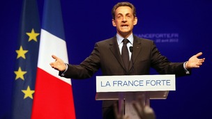 French President and UMP candidate Nicolas Sarkozy speaks at his campaign headquarters