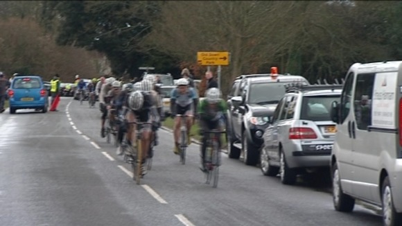 Screen grab of cyclists competing in the 2012 Severn Bridge Road Race