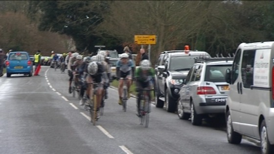 Screen grab of cyclists competing in the 2012 Severn Bridge Road Race