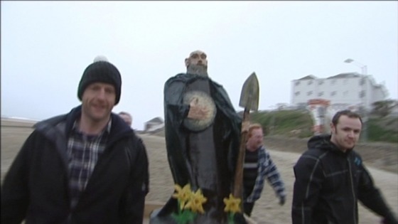 Screen grab of model of St Piran on beach at Perranporth