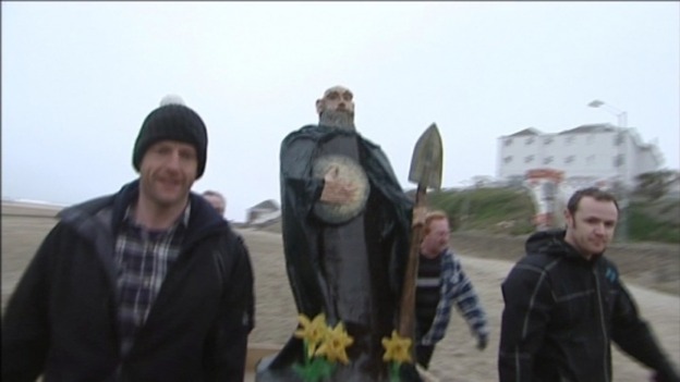 Screen grab of model of St Piran on beach at Perranporth