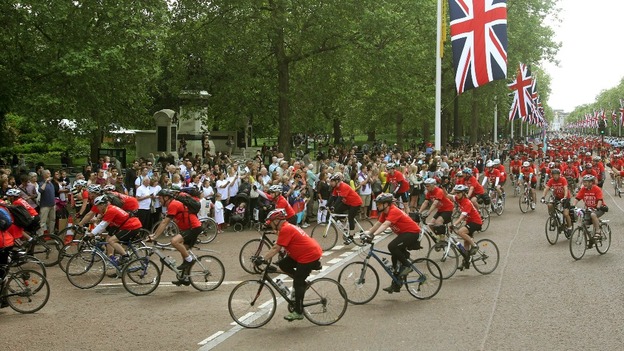 The fundraisers in London include 300 people from Paris, who have cycled from France over five days.