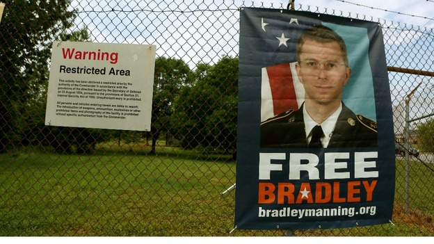 A poster of Private Bradley Manning outside the US Army's Fort George G Meade in Maryland