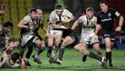 Northampton's Alex Waller (centre) is tackled by Saracens Steve Borthwick