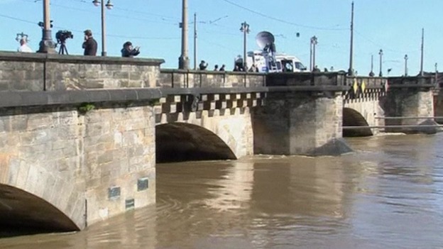 The River Elbe has almost reached the top of the arches on this old bridge