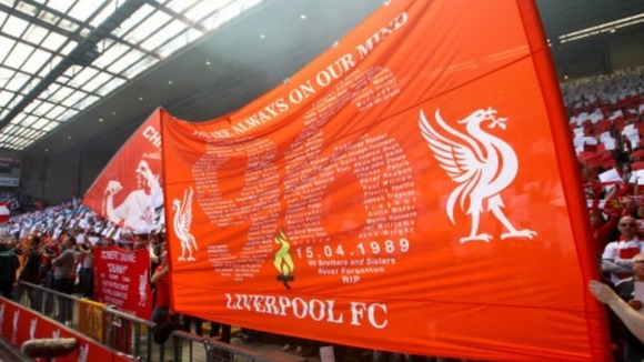 Liverpool flag bearing the names of the 96 victims