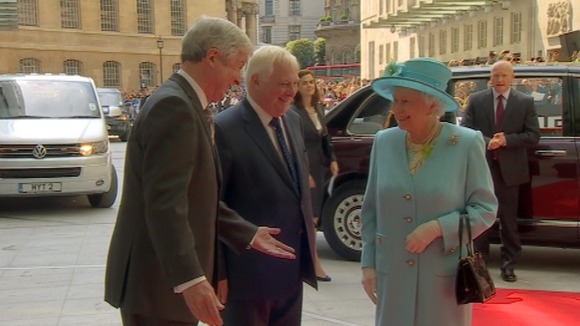 The Queen speaks to BBC Trust chairman Lord Patten and BBC Director General Lord Hall.