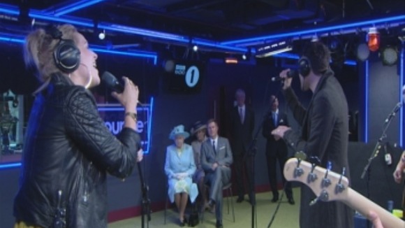 The Queen watchesThe Script perform at BBC's New Broadcasting House.