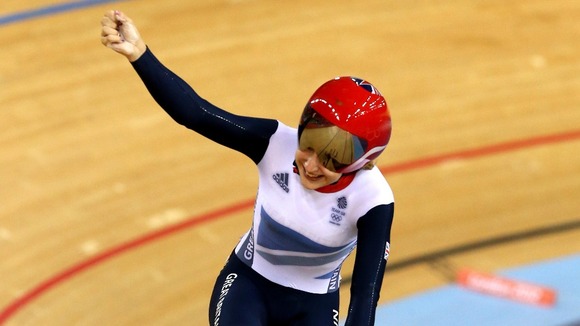 Great Britain's Laura Trott celebrates winning the gold medal in the Women's Omnium