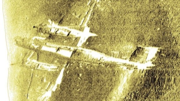 Underwater side scan of a twin-engined Dornier 17 German bomber discovered on a sandbank off Dea