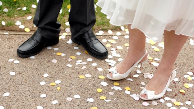 General view of the bride and groom during the wedding ceremony.
