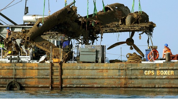 The German bomber as it was lifted from the English Channel