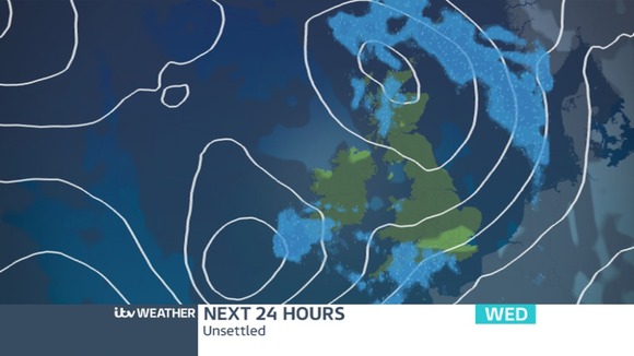 Pressure chart today showing low pressure to the south-west pushing wet and windy weather our way.