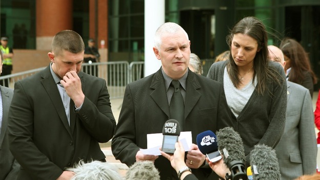 Bryn Hughes, father of Nicola Hughes, reading a statement outside Preston Crown Court