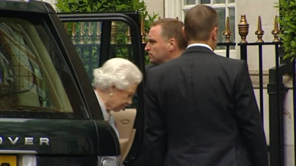 The Queen arriving to visit the Duke of Edinburgh.