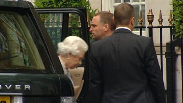 The Queen arriving to visit the Duke of Edinburgh.
