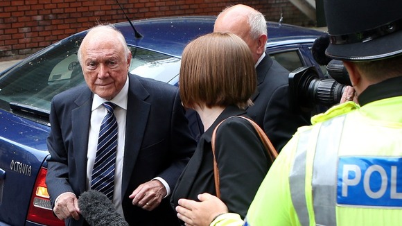 Veteran BBC broadcaster Stuart Hall pictured arriving at Preston Crown Court earlier today.