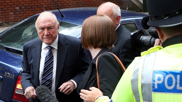 Veteran BBC broadcaster Stuart Hall pictured arriving at Preston Crown Court earlier today.