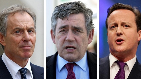 From left: former Prime Minister Tony Blair, former Prime Minister Gordon Brown and Prime Minister David Cameron